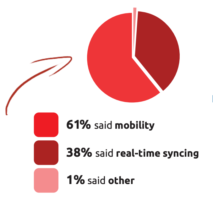 pie chart with red arrow mobility vs real-time syncing 